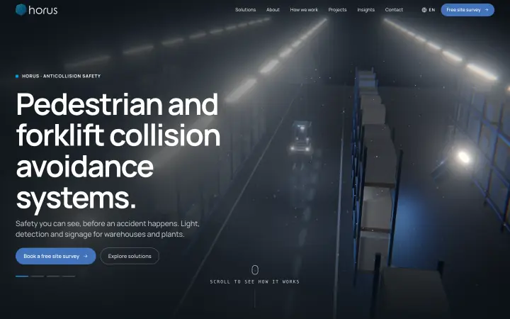 Horus homepage in English: 3D night-shift warehouse scene with the headline “Pedestrian and forklift collision avoidance systems.”