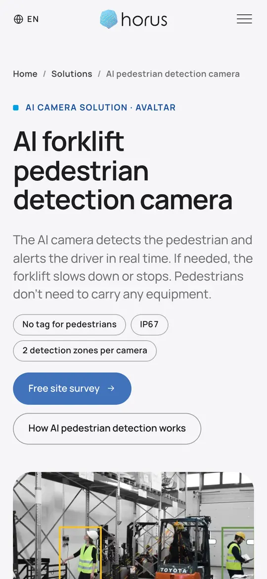Horus AI pedestrian detection camera page on mobile, in English