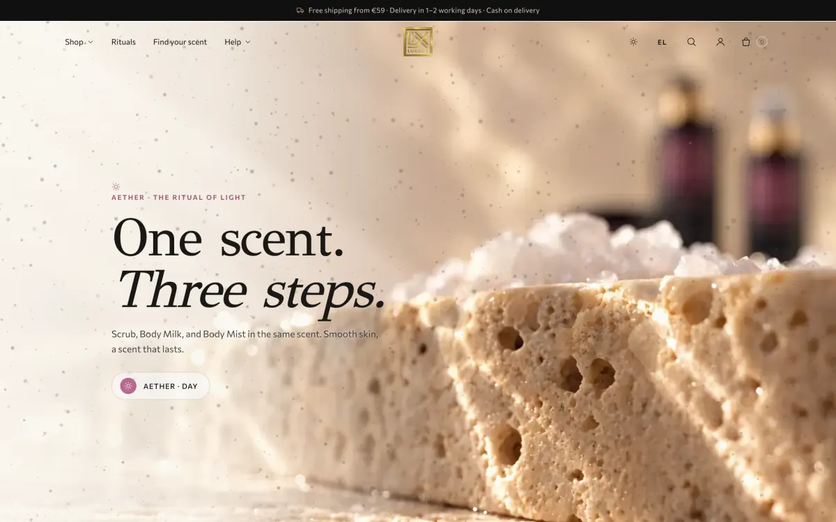 LUXORA homepage in the Aether day theme
