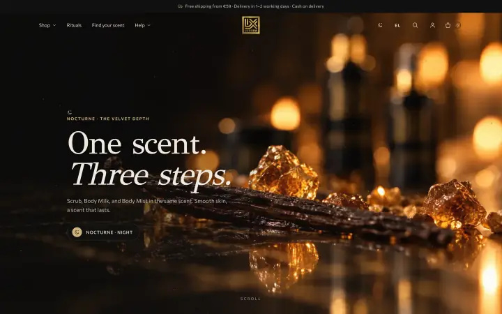 LUXORA homepage in English, night theme: amber and black vanilla with the headline “One scent. Three steps.”