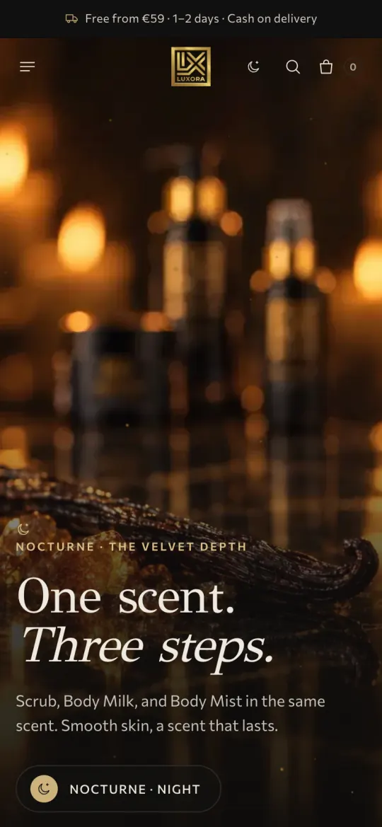 LUXORA homepage on mobile, in English, night theme