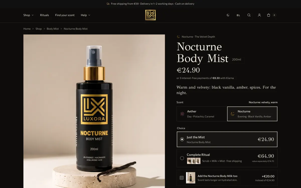 LUXORA Nocturne Body Mist product page with ritual options